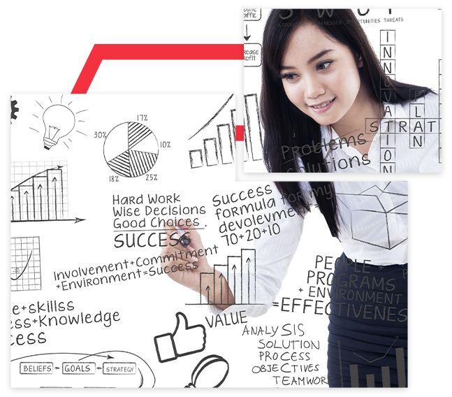 Female business professional writing statistics on a board
